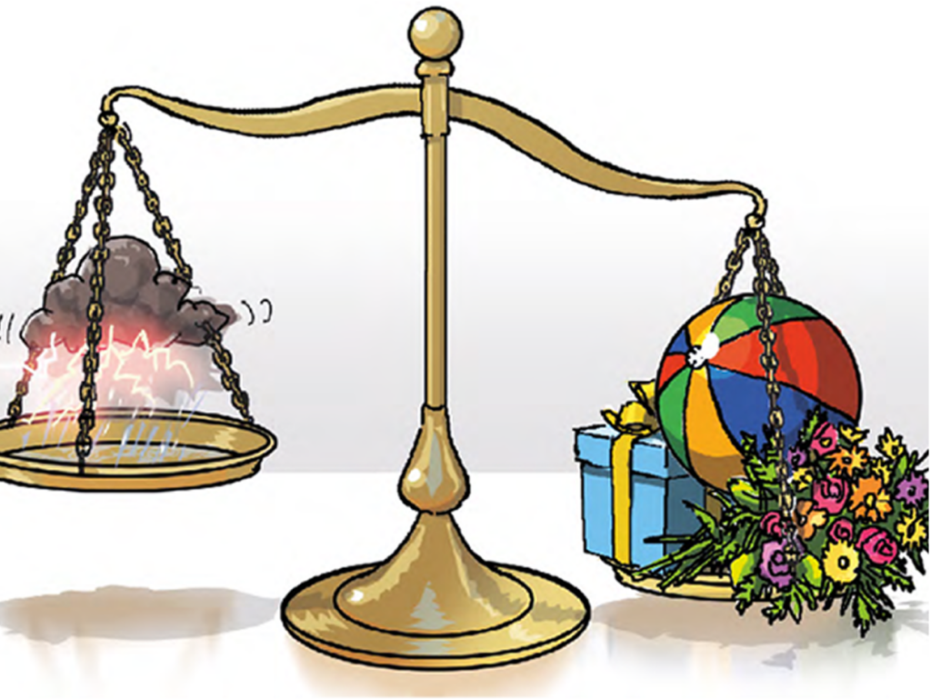 Illustration of a scale with storm clouds on one side and symbols of joy on the other - used to highlight the importance of prioritizing wellbeing.