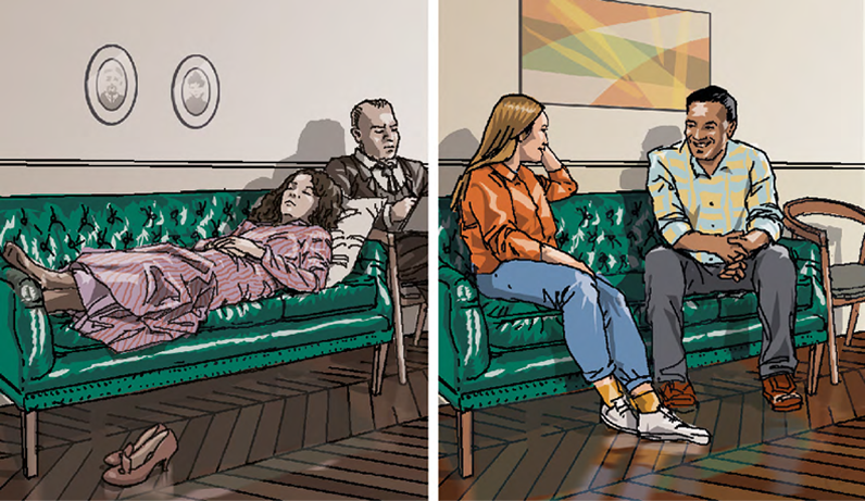 Illustration contrasting traditional therapy with modern conversation, used to show the shift toward open, mutual self-awareness.