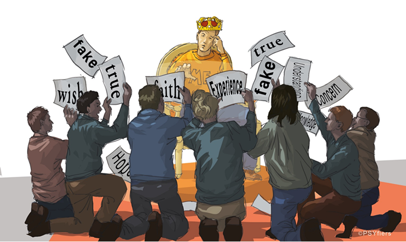 People offering conflicting truths to a crowned figure, reflecting ego and imbalance in team building dynamics.