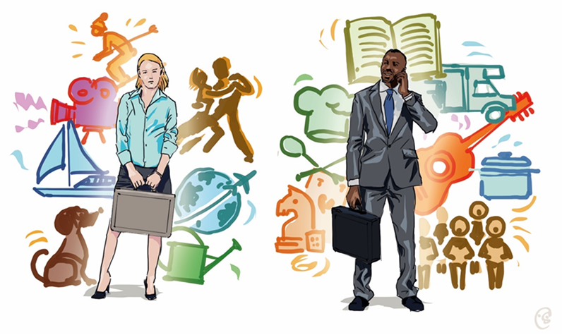 Two professionals surrounded by life symbols, showing how diverse backgrounds can strengthen team building.